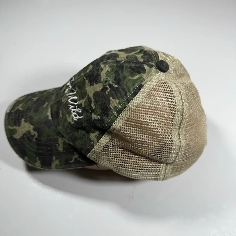 Time and Tru Free & Wild Distressed Green Camo Trucker Hat Leopard Undervisor